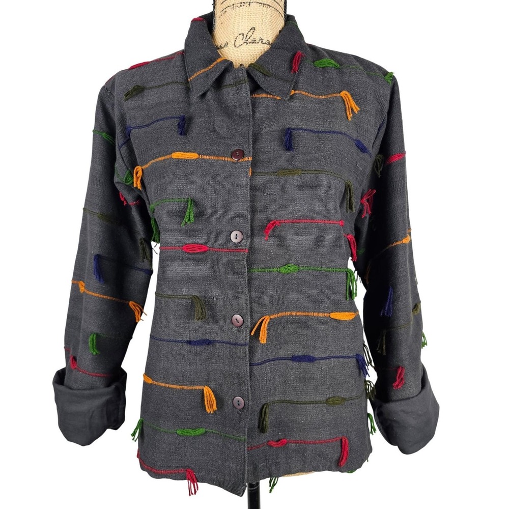 VTG. Paul Harris Design Jacket‎ Women XL Gray Tassel Button Down Casual Stylish